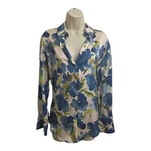 Zara Womens Shirt S Satin Blouse Floral Print Button Up Blue, White